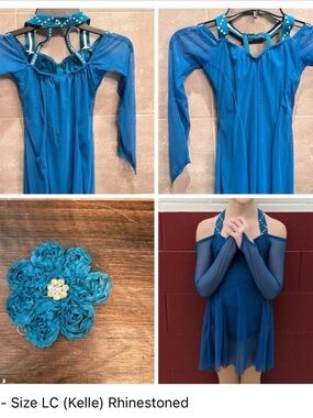 Rhinestoned Teal Off-Shoulder Dance Costume for Kids